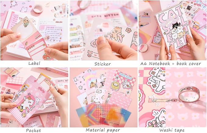 Draupnir Kawaii Pink Cute Cat Scrapbook Kit, Bullet Junk Journal Kit with Journaling/Scrapbooking Supplies, Stationery, A6 Grid Notebook Graph Ruled Pages.DIY Gift for Teen Girl Kid Women.