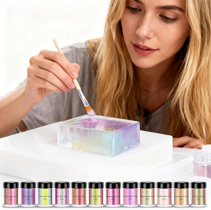 Glitter Resin Powder Color Pigment Set - 12 Bottles Pearlescent & Color-Changing Mica Powder | Cosmetic-Grade Pigment for Epoxy Resin, Candle Making, Nail Polish, Clay, Ceramics, Lip Gloss