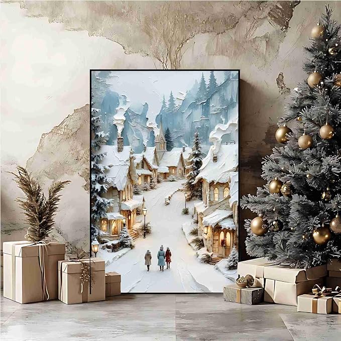 Christmas Winter Painting Snowy Village Street Festive Landscape Print Holiday Church Wall Decor Winter Cottagecore Canvas Painting Indoor Decor for Living Room Bedroom Office Framed Ready to Hang