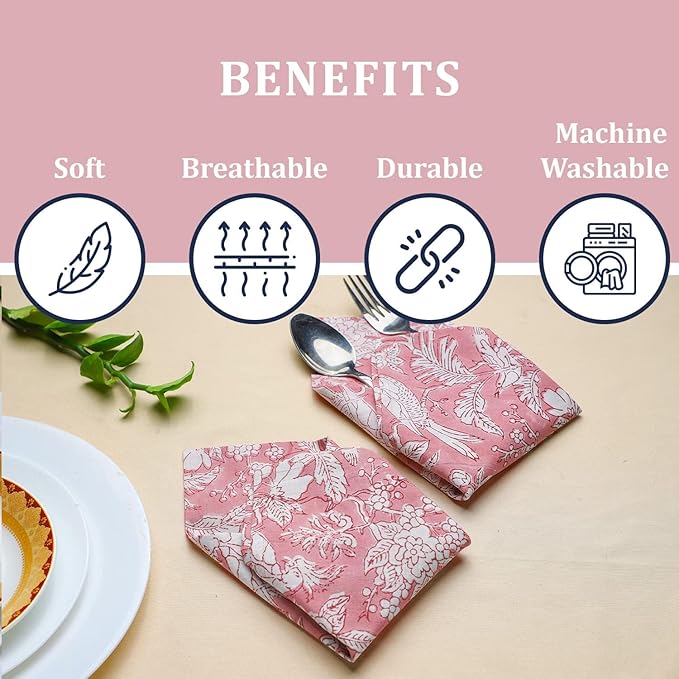 CPC Cloth Napkins 100% Cotton Set of 4 Reusable Napkins, Indian Block Print Toile Floral Dinner Napkin, Fall Thanksgiving Christmas Holiday Party Gift - Soft Absorbent Napkin, 18"x18" Pink Coral