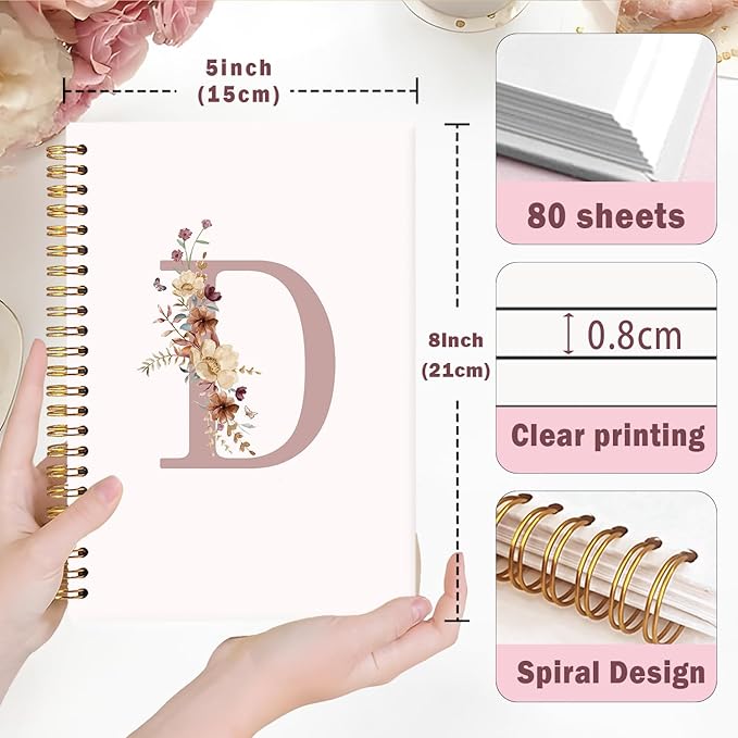 Lacama Pink Initial Letter D Notebook Journal, Aesthetic Wildflower Personalized Spiral Notebook, Customized Monogrammed Gifts, Birthday Gifts for Women, School Supplies, Office Supplies 5.5x8.3
