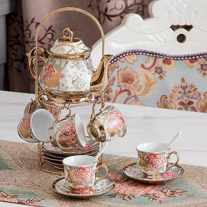 CHANJOON Gold Plated Red Rose Ceramic Tea Set, Vintage Teapot, Beautiful Tea Set Coffee Serving 6 People (Golden, large)