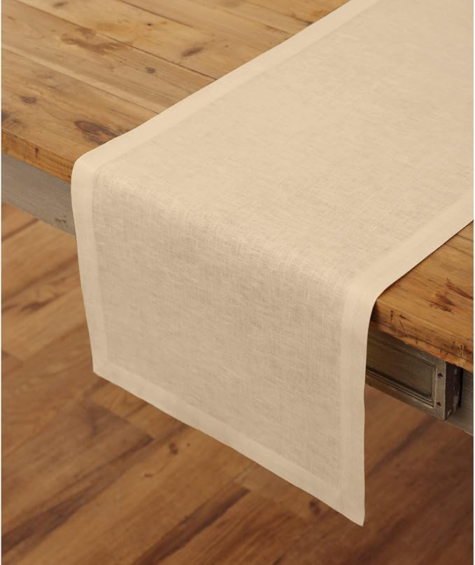 Solino Home Linen Beige Table Runner 90 Inches Long - 100% Pure Linen 14 x 90 Inch Table Runner for Spring, Easter - Fete