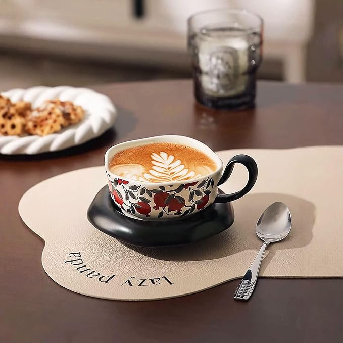8.4oz Ceramic Coffee Mug with Saucer Set, Vintage Ceramic Latte Art Mug, Irregular Aesthetic Flower Cups for Espresso, Milk, Americano, Cappuccino, Tea, Black, 1 Piece