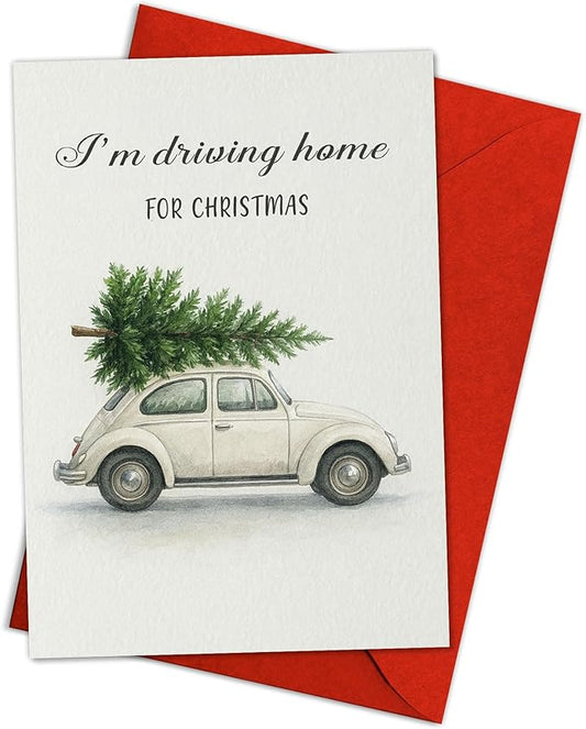 (5.3x8in) I’m Driving Home for Christmas Card with Envelope, Vintage Watercolor Car with Tree Design, Classic Holiday Greeting Card for Family, Friends, Couples, and Loved Ones (Xmas 29)