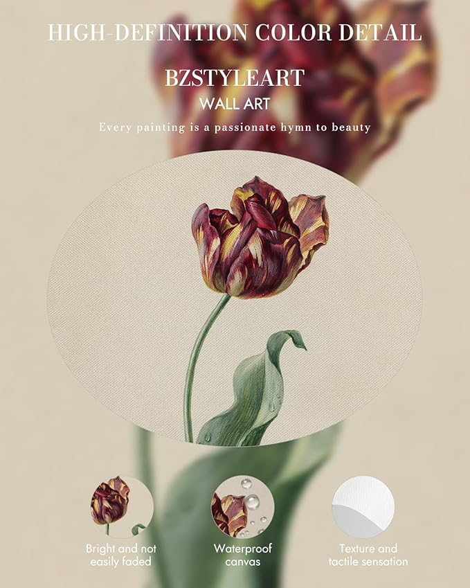 Bzstyleart Vintage Wall Art Decor,Gold Framed Wall Art 12 x 16 Inch Retro Red Tulip for Office,Gold Framed Wall Art, Canvas Picture Print Painting for Bedroom Living Bathroom Classroom Decor
