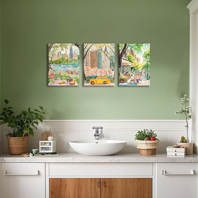 XLARTMY New York City Poster Travel Wall Art Canvas Framed Watercolor NYC Central Park Landmarks Artwork Decor Painting Prints Pictures Set of 3 for Bedroom Living Room Bathroom Office 12x16in