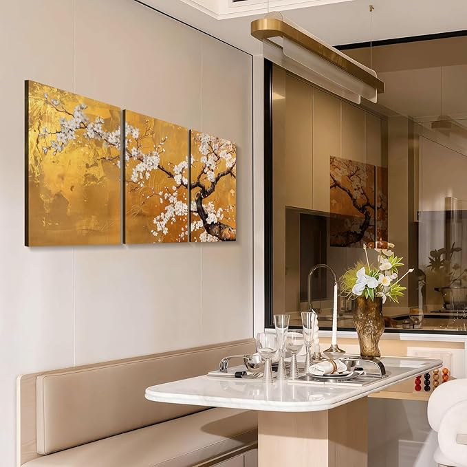 3 Pcs Framed Japanese Golden Plum Blossom Flower Wall Art Decor Canvas Print Picture Traditional Woodblock Print Style Farmhouse Poster Gallery Bedroom Living Room Office 16x24 Inch Ready to Hang