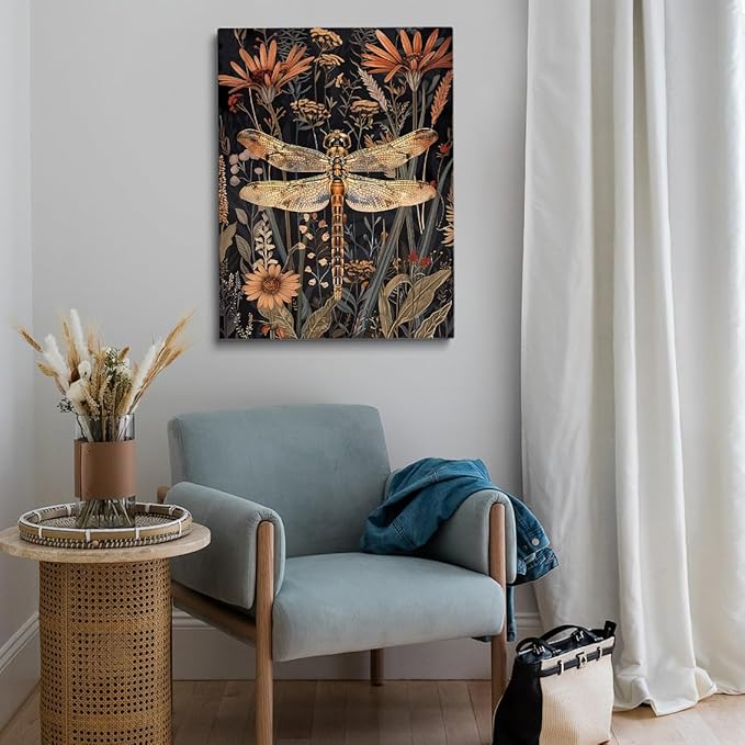 Dragonfly Canvas Wall Art,Moody Wall Art,William Morris Print,Aesthetic Wall Decor,Dark Cottagecore Art,Vintage Animal Dragonfly Posters for Bathroom Farmhouse Decor 24x36in Large Frame