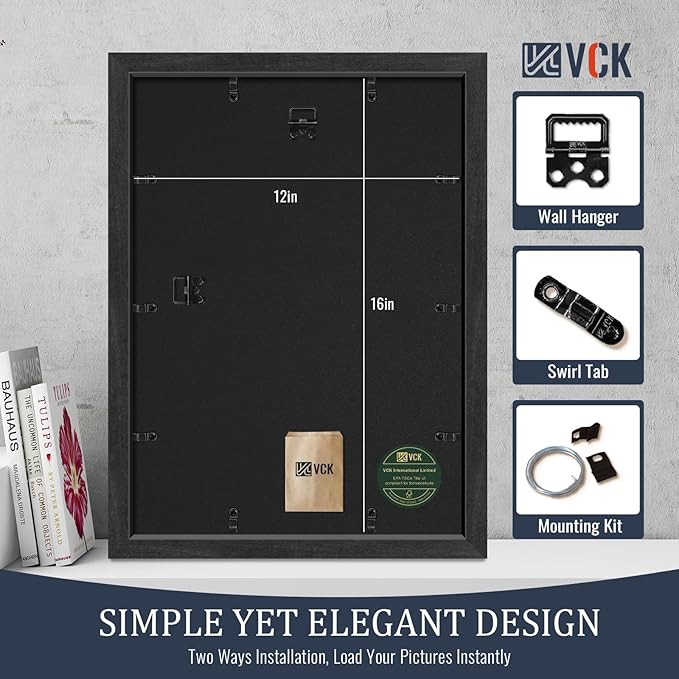 VCK 12x16 Picture Frames Black Set of 5, Wide Border Wood, Tempered Glass, Display 11x14 Photo with Mat or 12 x 16 without, for Home, Office, Gallery, Woodgrain Series, Wall Hanging