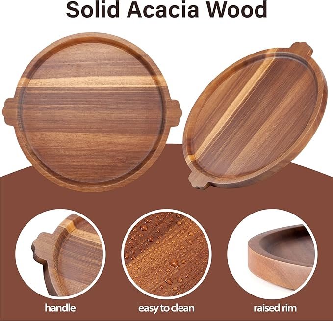Charcuterie Board | Acacia Wood Serving Tray with Handles 13'' | Round Decorative Ottoman Coffee Table Tray | Large Wooden Cheese Board Serving Platter for Party Supplies