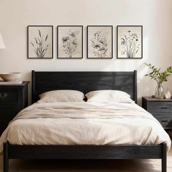 Framed Boho Vintage Botanical Wall Art, 4 Piece Neutral Rustic Floral Canvas Painting Prints for Modern Farmhouse, Black and White Flower Pictures for Living Room Bedroom Dining Room Wall Decor, 11x14