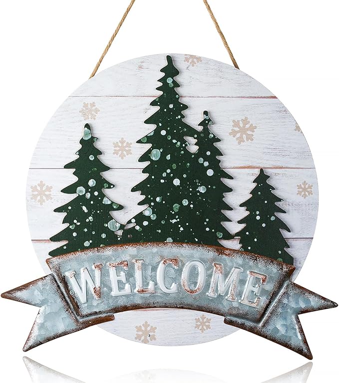 Winter Welcome Sign for Door Wall Decor - Walasis Outside Winter Wreath for Front Door Hanging Christmas Signs with Tree Snowfalke Rustic Wooden Welcome Decoration