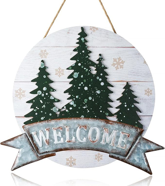 Winter Welcome Sign for Door Wall Decor - Walasis Outside Winter Wreath for Front Door Hanging Christmas Signs with Tree Snowfalke Rustic Wooden Welcome Decoration