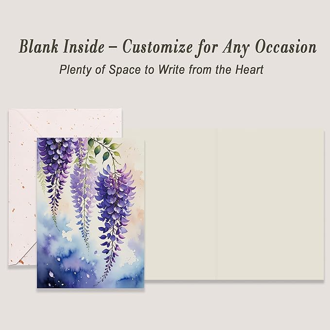 5x7 Inch Blank Inside Greeting Card with Envelope, Watercolor Wisteria Greeting Card for All Occasion – Birthday, Sympathy, Thank You - Single Card