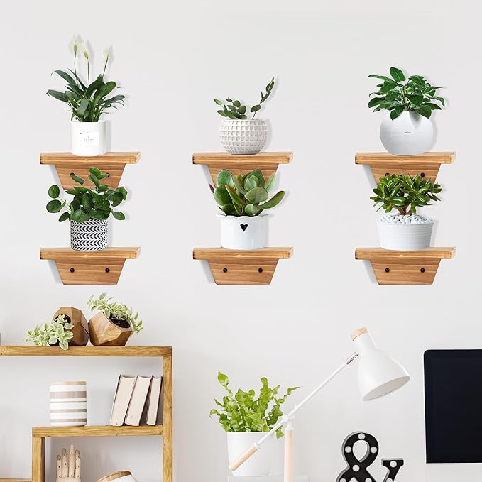 PHOENANCEE Small Floating Shelves,Speaker Shelf,Trapezoid Wall Shelf for Table Lamp Plants Display,Decorative Wood Ledges Chic for Living Room,Bedroom,Kitchen,Pine,8x6 Inch,4 Pack(Carbonized Brown