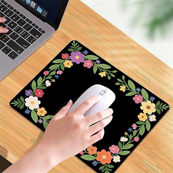 Square Mouse Pad Flower Border, Personalized Premium-Textured Custom Mouse Mat Design, Washable Mousepad Cloth, Non-Slip Rubber Base Computer Mouse Pads for Wireless Mouse