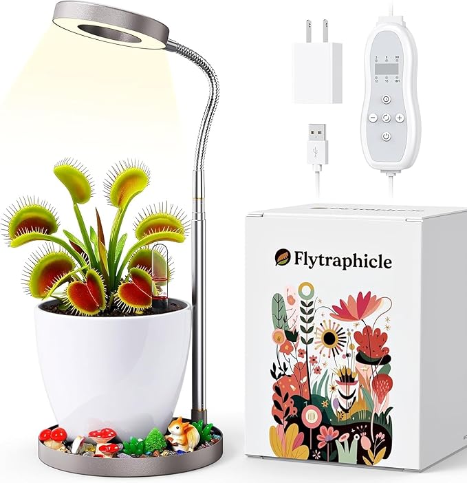 Venus Fly Trap Terrarium Kit with Metal Stand, Self-Watering Planter with Grow Light & Timer for Indoor Succulents, Herbs, and Carnivorous Plants,Venus Fly Trap Pot, Live Plant, Ideal Gift (White)