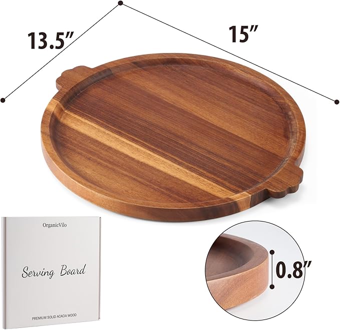 Charcuterie Board | Acacia Wood Serving Tray with Handles 13'' | Round Decorative Ottoman Coffee Table Tray | Large Wooden Cheese Board Serving Platter for Party Supplies