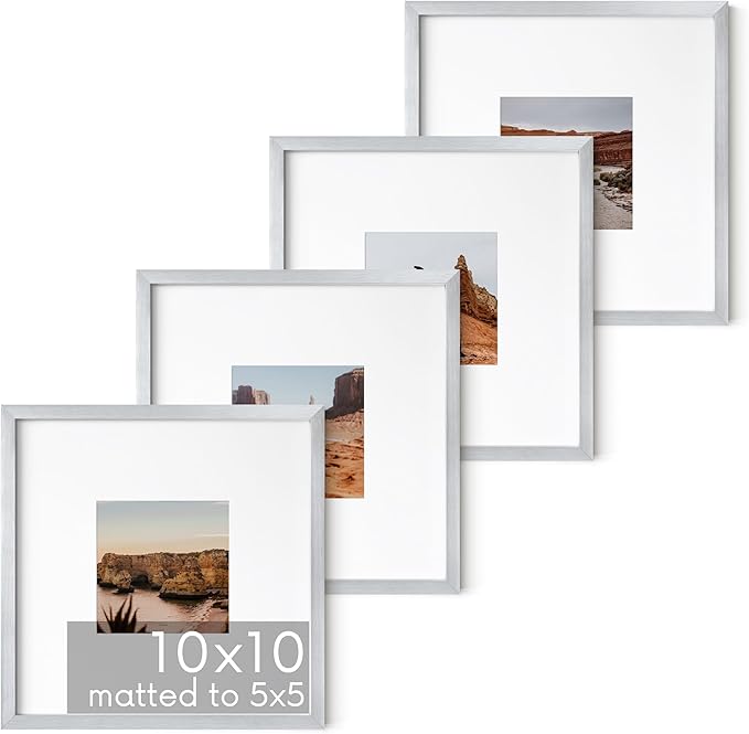 HAUS AND HUES 10x10 Silver Metal Picture Frames Matted to 5x5 - Premium Aluminum with Hanging Hardware, Shatterproof Plexiglass - Ideal for Home or Office (10x10 in, Silver, Set of 4)