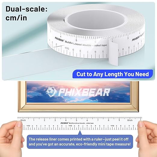Double Sided Tape Heavy Duty, Heat Resistant and Removable, Clear Mounting Nano Tape with Measurement Guide (Printed Inch/cm Backing) Ideal for Home, Office, and Picture Hanging 1.18" x 9.85'