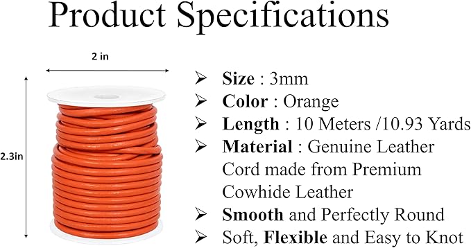 GENIQUE Real/Genuine Round Leather String Cord for Necklace, Bracelets, Jewellery, Braiding (Orange, 3mm)