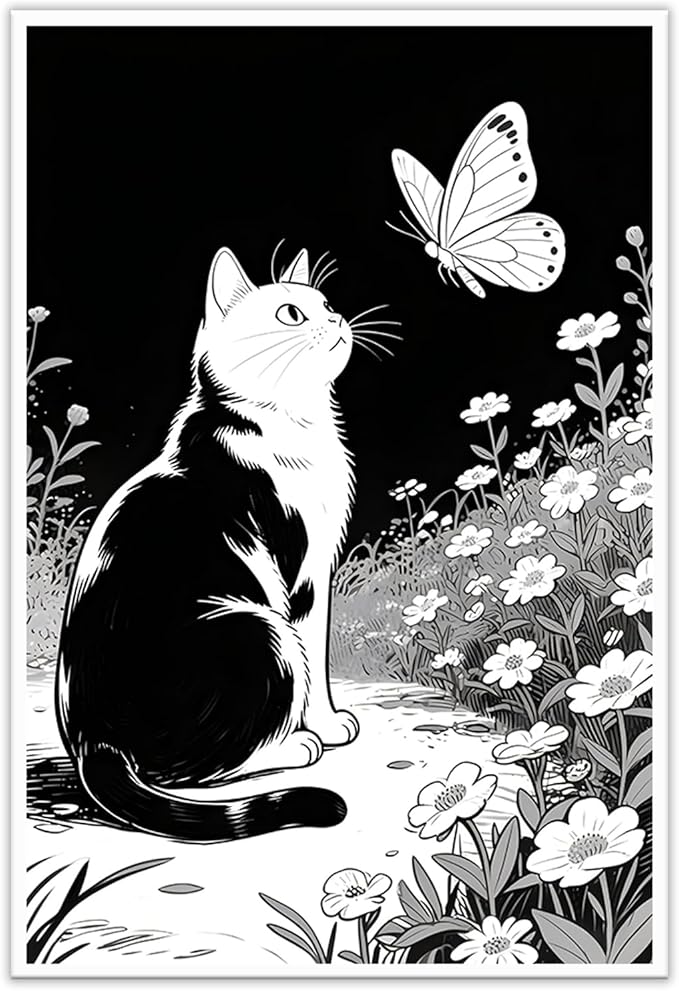 Cats Butterflies in Flowers Canvas Poster Vintage Minimalist Nature Wall Art Trendy Black White Aesthetic Painting Prints Modern Animal Home Decor for Bedroom Living Room 20x30inch Unframed