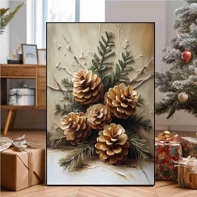 Vintage Christmas Canvas Painting Rustic Nature Print Forest Canvas Wall Art Botanical Wall Decor Brown Green Painting Poster Indoor Decor for Home Offices Living Room Bedroom Framed Ready to Hang