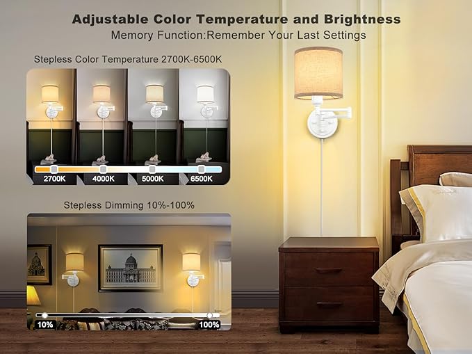 Plug in Wall Sconces with Remote Control, Dimming, Adjustable Colors 2700K-6500K, Hardwire or Plug-in, Swing Arm Wall Lamp with Linen Fabric Shade, Wall Sconces Set of Two, White Finish