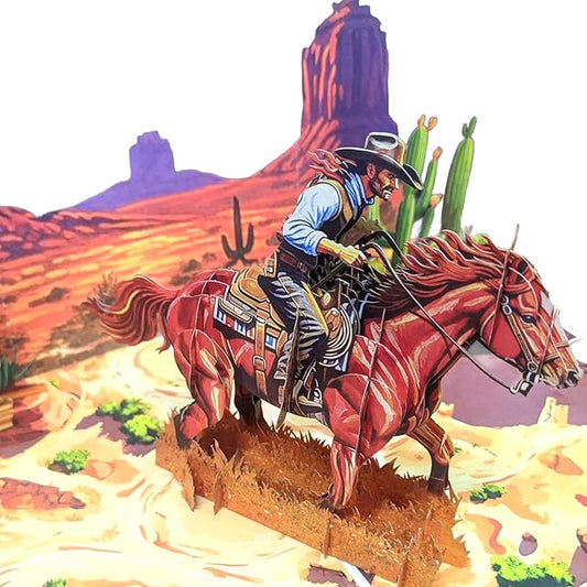 3D Pop Up Greeting Card – Handmade Cowboy on Horse Card – Texas Western Desert Scene – Birthday, Father’s Day, Retirement, Country & Rodeo Gift