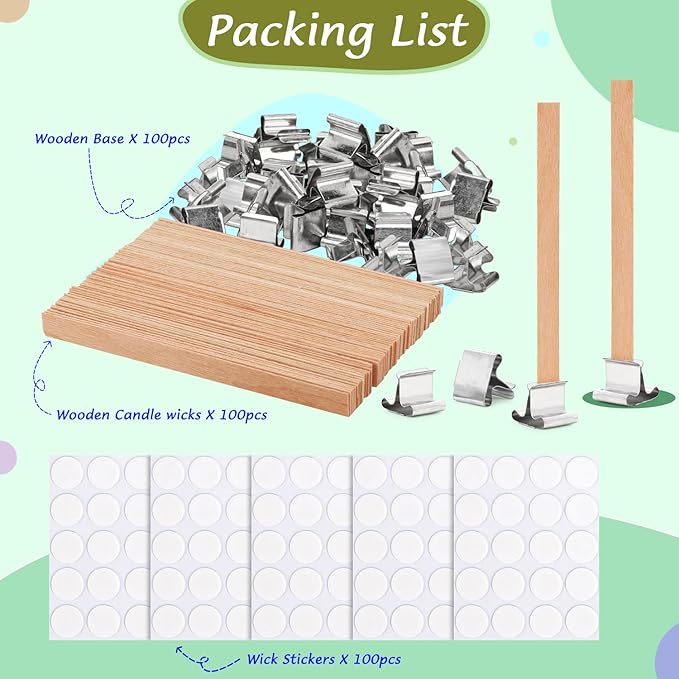 300pcs Wood Wicks for Candles Making,100pcs Wooden Candle Wicks and 100pcs Base,100pcs Wick Stickers,for Soy Wax, Beeswax, Coconut Wax - DIY Candle Making Supplies for Beginners & Professionals