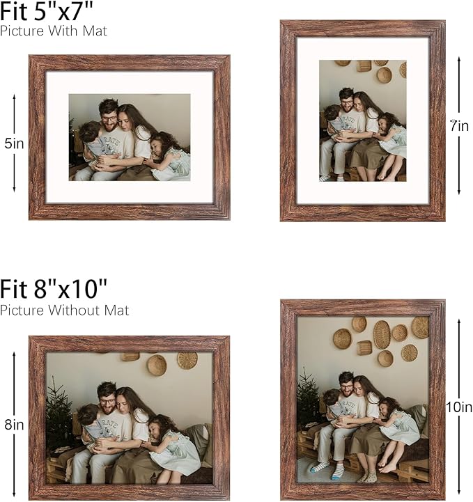 8x10 Picture Frame Set of 9, Display Pictures 5x7 with Mat or 8 x 10 Without Mat, Multi Photo Frames for Wall Mounting or Table Top Display, Rustic Brown