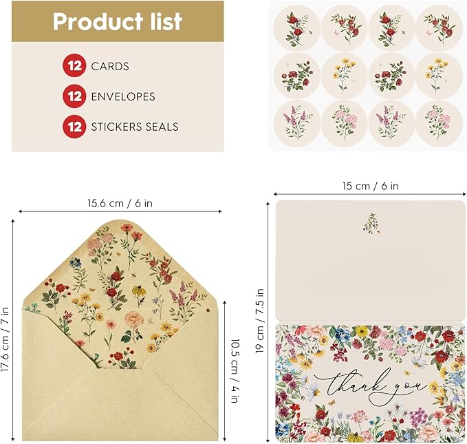 Artoid Mode 12 Pack Vintage Wildflowers Thank You Cards Flowers Leaves Greeting Cards Gift With Envelope Sticker Blank Note Cards for Birthday Wedding Baby Shower Bridal Shower, 4 x 6 Inch