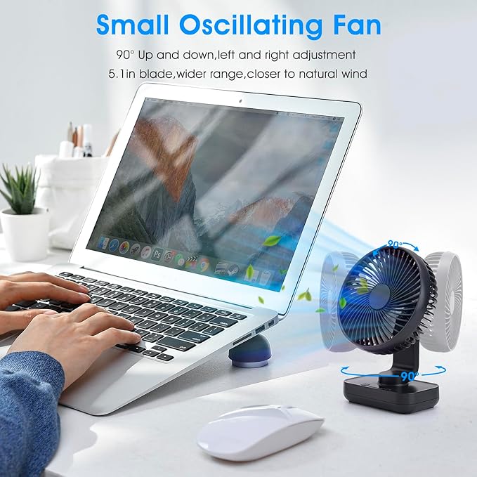 Oscillating Fan 5.1in Small Wall Mounted Oscillating Desk Fan Auto 90° Rotated Quiet 4 Speeds 4500mAh Rechargeable Battery Powered Cordless USB Fan for Indoor/Outdoor/Bedroom(Black)