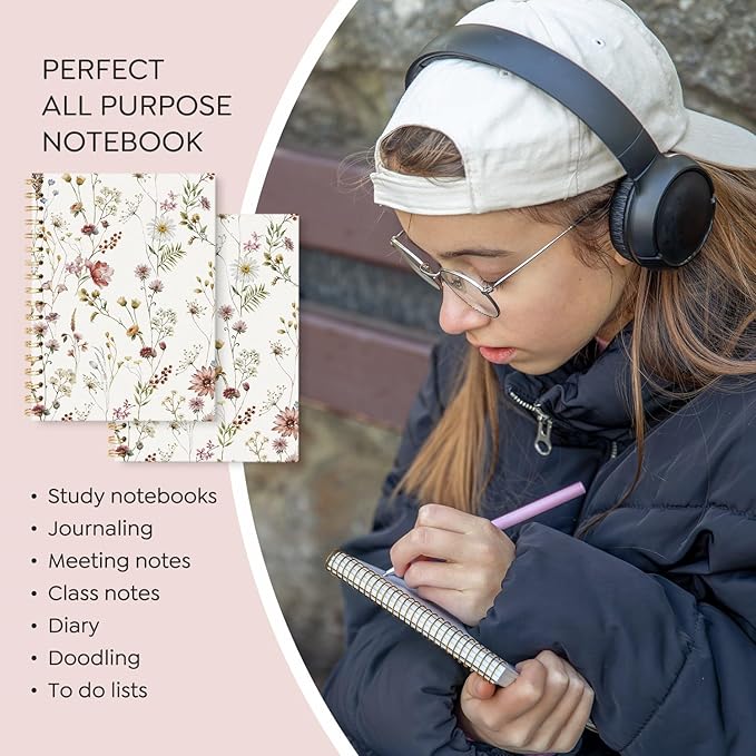 Floral Journal Notebooks, Wildflower Pretty College Ruled Notebooks for Note Taking, Botanical Wildflower Floral Journal Journaling, Spiral Notebook 5.5x8.3