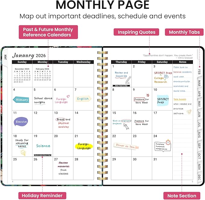 2026 Planner, Weekly and Monthly Calendar Planner for Women, Jan 2026 - Dec 2026, Hardcover Planning Agenda book with Tabs, Spiral Bound, Inner Pocket, Perfect for School Office Supplies, 6.3" x 8.5" - Hummingbird