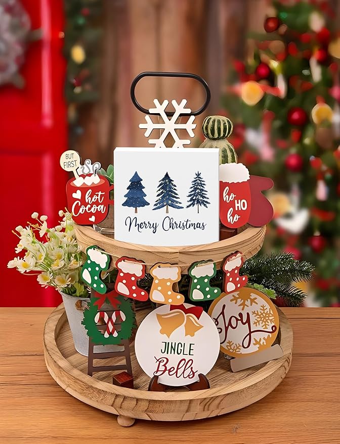 Navy Blue Christmas Tree Wooden Box Sign, Blue Christmas Decor, Rustic Merry Xmas Tree Winter Holiday Wood Signs for Home Office Desk Shelf Tabletop Decor, 5x5 Inch Decorative Signage