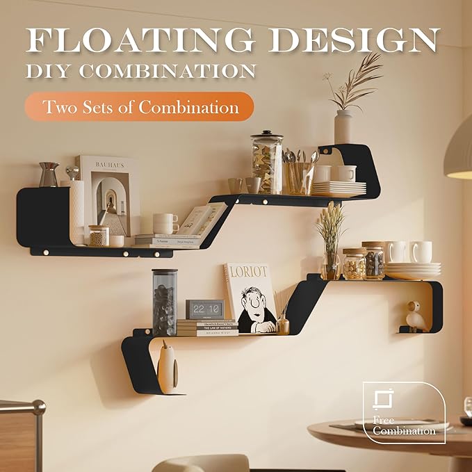 Floating Shelves, Set of 3 Wall Mounted Metal Shelves with Unique Design for Wall Storage, Book Shelf, Display Shelves for Bathroom Bedroom Kitchen Living Room, Black