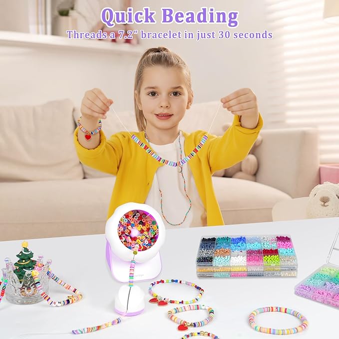 Clay Bead Spinner and Seed Bead Spinner, Electric Bead Spinner for Jewelry Making, Bracelet Spinner and Necklace Making Machine with Bead Needles and Thread (Purple), (Beads Not Included)