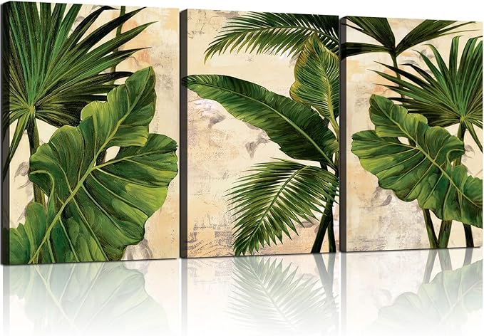 3pcs Framed Palm Leaves Banana Leaf Tropical Plants Wall Art Decor Canvas Print Nature Style Home Greenery Pictures Poster Gallery Bedroom Living Room Studio 12x16 Inch Ready to Hang