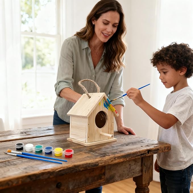 YUEYARIT Birdhouse Kit, 2 Sets of DIY Wooden Bird House Kits, Painting, Graffiti Woodworking Kits, Handcraft Bird Feeder Sets, Christmas Woodworking Kits Gifts