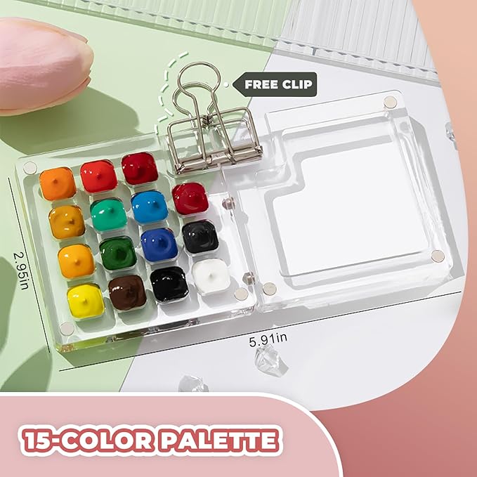 Mini Watercolor Paint Set Portable, Travel Grid Paint Palette Box with Binder Clips Include Paint, Brush*3 and Picture Album Art Materials Coloring Markers (Brown Wood-L)