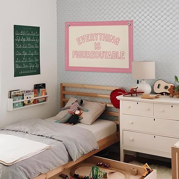 Everything is Figureoutable Inspirational Wall Decor, Motivational Classroom Wall Decor, Classroom Linen Canvas Banner Hanging Flag, 20x30 Inch - Pink Border