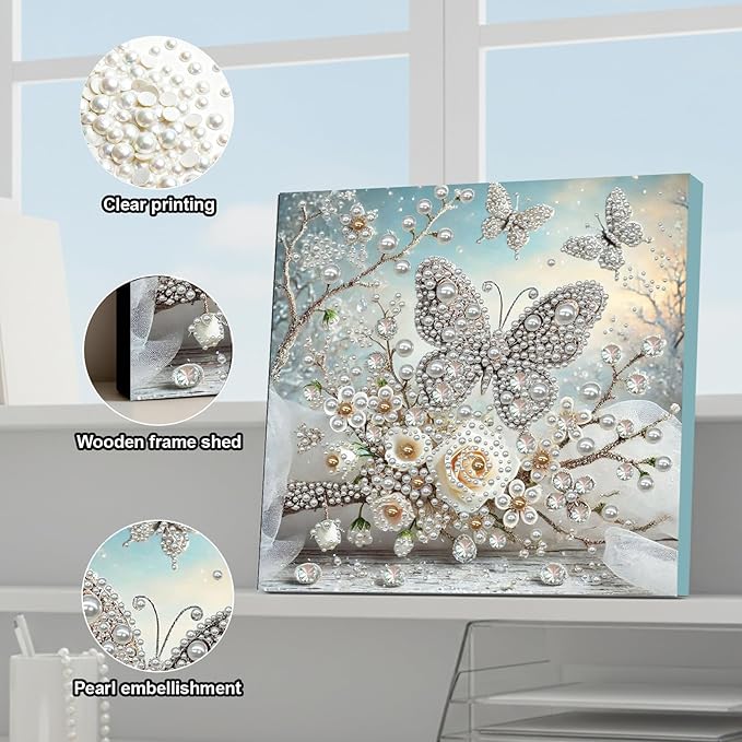 DIY Pearl Painting Kit with Wooden Frame, 3D Plastic Pearl Gemstone Ocean Art Craft for Adults Beginners, Diamond Art Kits for Adults, Home Wall Decor Ready Gift for Women(Butterfly Garden)(30*30cm)