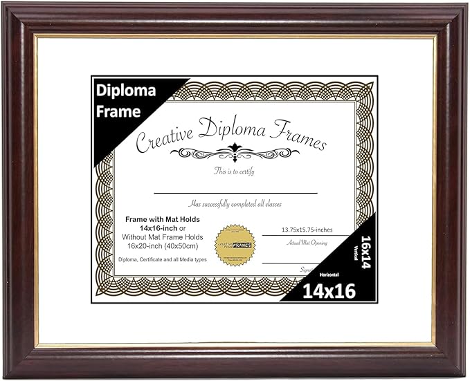 Creative Picture Frames 14x16 Mahogany Gold Rim Diploma Frame with White Mat Glass and Installed Wall Hangers | Frame Holds 16x20 Media without Mat
