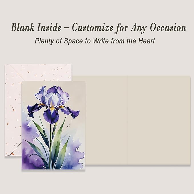 Blank Inside Greeting Card with Envelope for All Occasions, 5x7 Inch Elegant Watercolor Iris Card – Birthday, Sympathy, Thank You - Single Card