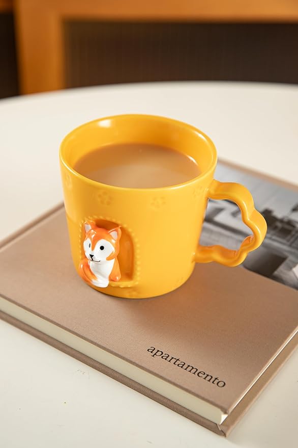 DIHOclub Fox Ceramic Cup Window Animals Mug Cute Cartoon Handmade Figurine Mugs,Holiday and Birthday Gift for Daughter,Son,Kids,9 OZ (Orange)
