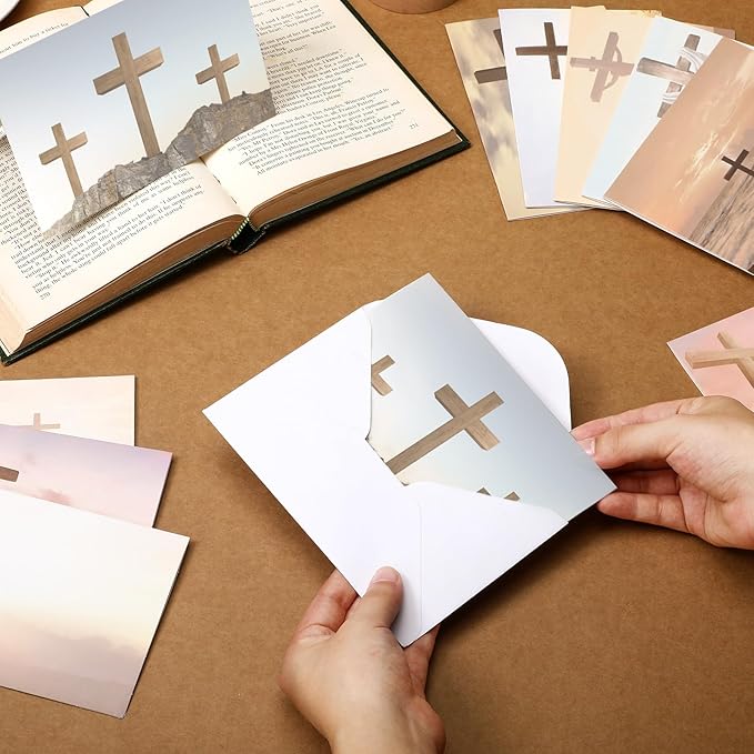 100 Pcs Blank Greeting Cards 4x6, Religious Stationery with Cross Design, 10 Designs, Ideal Stationary Set for All Occasions, Note Cards with Matching White Envelopes and Stickers