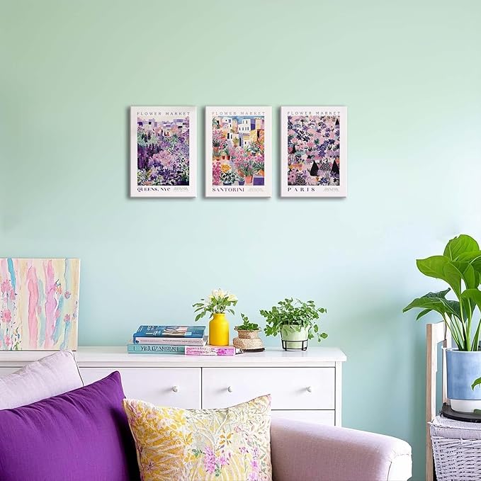 XLARTMY Flower Market Wall Art Prints Canvas Purple and Pink Floral Paintings Colorful Botanical Travel Flower Posters for Home Decor Pictures Set of 3 for Living Room Bedroom 12x16in