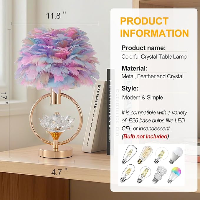Colorful Feather Lamp 17IN Unique Fluffy Table Lamp Crystal Feather Bedside Nightstand Lamp Nordic Desk Light for Girl Bedroom Wedding Christmas Gift Deco Living Room Entry Office